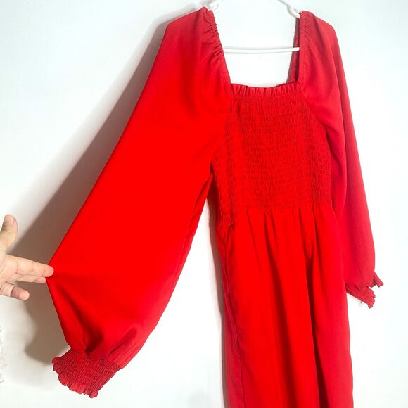 La Ligne X Target Red Smocked Bodice Long Sleeved Square Neck Midi Dress - Picture 2 of 7